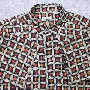 Burma Bibas Shirt Mens XL Brown‎ Geometric 100% Silk Short Sleeve Button Up